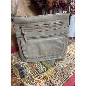 Nicole Miller New York Taupe Faux Leather Crossbody Bag With Front Pocket Zipper